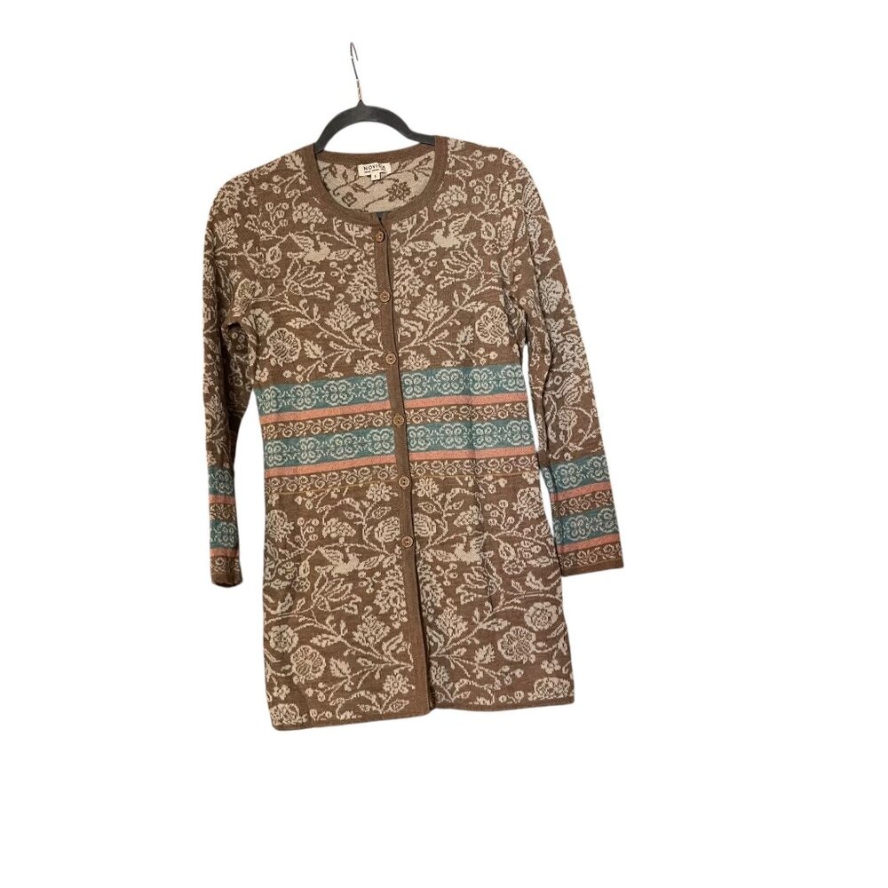 Novica 100% Baby Alpaca Wool Brown Cardigan Long Line Floral Button Size Small